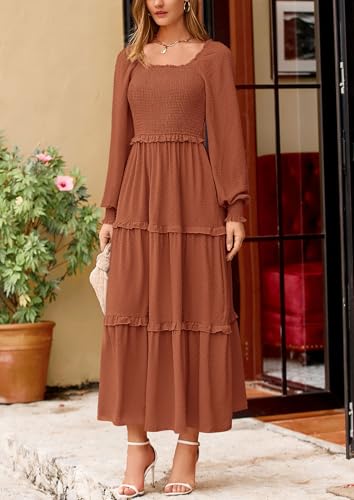 PRETTYGARDEN Fall Dresses for Women 2025 Long Sleeve Smocked Square Neck Swiss Dot Tiered Flowy Wedding Guest Maxi Dress