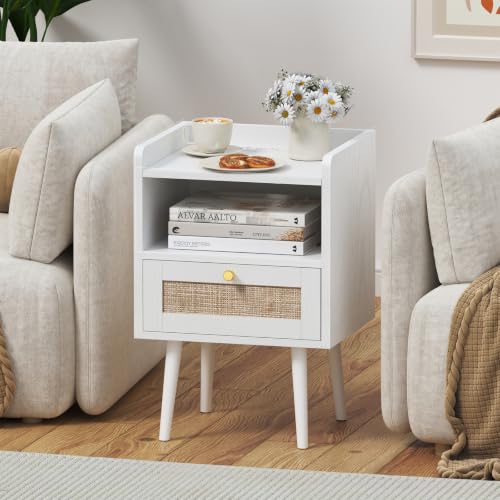Image of Rattan Nightstand Set of 2 with Charging Station, Modern Boho Bedside Table