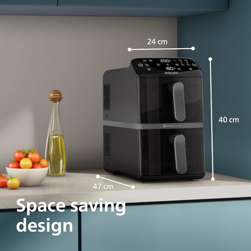 Philips 4000 Series Stacked Dual Basket Airfryer 10L – RapidAir Technology, Sync Finish, 2 Meals at Once, 45% Less Countertop Space, PFAS-Free Ceramic Coating, Easy View Windows (NA460/09)