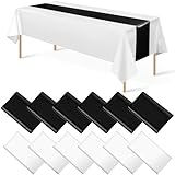 12Pack 12x108 Inch Satin Table Runner and 54x108Inch Plastic Tablecloths White and Black Disposable Rectangle Table Cover for Graduation Wedding Bridal Shower Anniversary Birthday Party Decorations