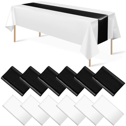 12Pack 12x108 Inch Satin Table Runner and 54x108Inch Plastic Tablecloths White and Black Disposable Rectangle Table Cover for Graduation Wedding Bridal Shower Anniversary Birthday Party Decorations by MASHAN - Used condition - US$18.01