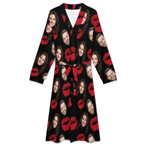 Personalized Couple Pet Face Robes for Women Men, Custom Face Photo Long Sleeve Belted Bathrobe, Funny Short Bath Robe3