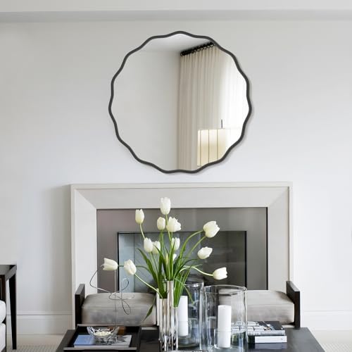 Image of WallBeyond Round Wavy Mirror for Wall Decorative 28 inch, Modern Round Mirror Aluminum Frame for Bathroom Bedroom Living Room Home House Office Entryway, Black