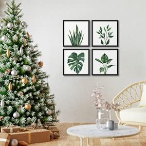 ArtbyHannah 10x10 inch Black Framed Botanical Wall Art Prints Decor with Green Leaf Tropical Plant , Square Picture Frame Collage Set of 4, for Home Gallery Wall, Bathroom or Bedroom Decoration