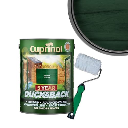 Cuprinol Ducksback- Silver Copse : Shed & Fence Paint 5 Litre| Non Drip, Water Repellent and Frost Defence. Protection for 5 Years. Includes 4" Shed,Fence And Decking Roller (FOREST GREEN)