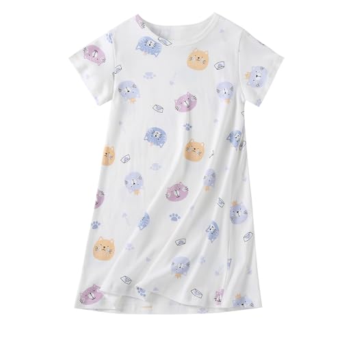 Ukyzddio Girls Cotton Night Dress Kids Short Sleeve Knee Length Sleep Shirt Princess Nightgowns Soft Cozy Bed Dress Pajamas Pussy Cat Size 5-6Years(120)