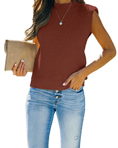 Amarmia Women's Mock Neck Knit Sweater Vest Sleeveless Casual Trendy Summer Ribbed Pullover Tank Tops Brown #TOP1