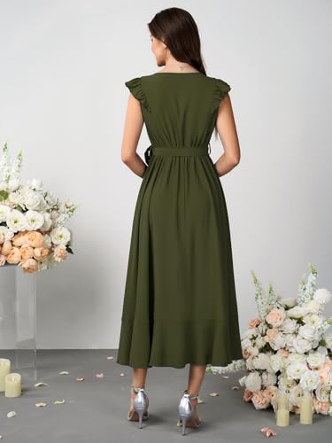 Image of Womens Summer Midi Dress V Neck Ruffle Sleeve A Line Flowy Beach Party Cockatil Formal Dresses for Weddding Guest