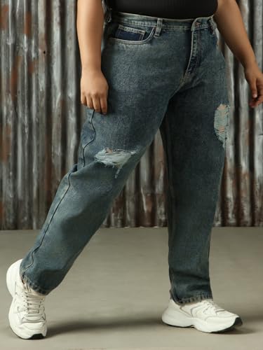 Image of High Star Women Cotton Washed Mom Fit Casual High-Rise Jeans