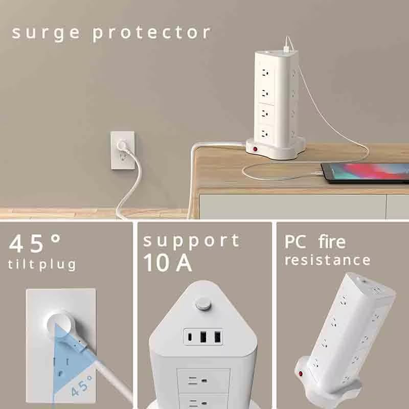 Miniatura 3 de Enchufe plano de 45 en forma de torre de 5 pies con enchufe C tipo 12 AC tira de protección contra sobretensiones