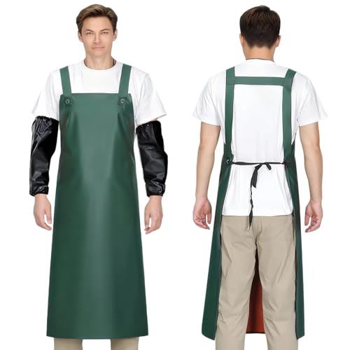 Dwitkul Schürze Ölresistenz Arbeitsschürze Wasserdicht Fleischerschürze Metzgerschürze mit Ärmelschützer Ölbeständig PVC-Schürze für Geschirrspülen, Laborarbeit, Metzgerei, Hundepflege, Fischreinigung