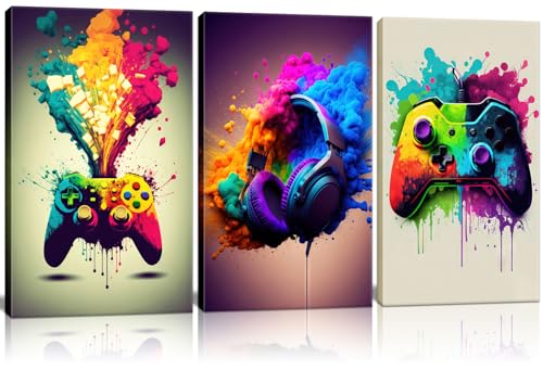 Póster enmarcado de 3 piezas para sala de juegos, arte decorativo para pared, color con mango de videojuegos, auriculares, graffiti, póster de luz de neón, imagen impresa, máquina de juegos para niños