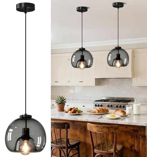 Lámpara de Techo Comedor Vintage, 1xE27 Lámpara Colgante Pantalla de Vidrio Negro Transparente, Blanco Calido 3000K, Altura Ajustable, Iluminación Colgante para Cocina Dormitorio Cafetería, Ø 20 cm