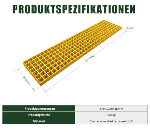 NATOTELA GFK Gitterrost 270x1200x38mm Glasfasergitter MW: 30/30 mm gelb Trittrost Treppenstufe geeignet für Entwässerungsrinne und Fahrbahnen Garage Brandschutztreppen Fluchtwege Bauernhof