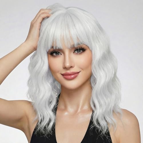 Image of Pastel White Wavy Bob Wig for Women, Short Shoulder Length Synthetic Wig with Bangs, Matte Natural Realistic Look Lightweight Hairpiece, White Color for Daily Wear & Cosplay Costume