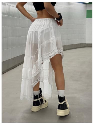 MakeMeChic Women's Lace Mesh Long Skirt Ruffle Tiered Elastic Waist Summer Skirts3