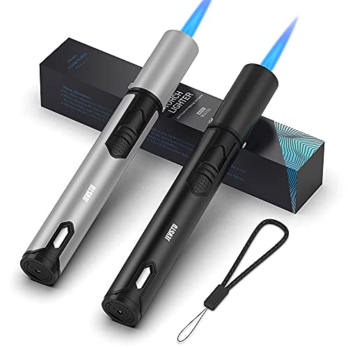 JEVSTU Torch Lighter, 2 Pack Jet Butane lighter with Fuel Level Window Refillable Lighter Adjustable Pen lighter for Candle Camping Grill Welding, Cool lighter for Men, Silver & Black Gas Not Included