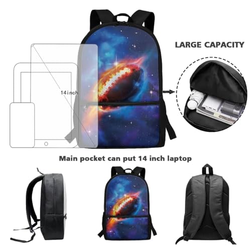 Talayituse American Football Fire Galaxy Star Print 3Pcs School Backpack Set for Boys Teens Teen Shoulder Bag + Lunch Box + Pencil Case Schoolbags Book Bag Travel Casual Daypack with Zipper Pocket3