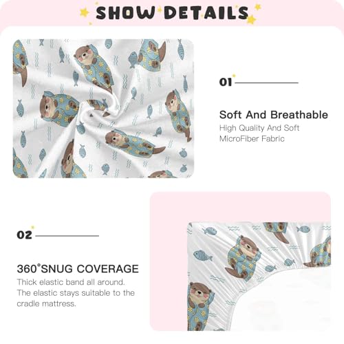 Image of Otter Fish Flowers White Fitted Crib Sheet for Boys Girls Baby Pack n Play Sheets Fitted for Toddler Girl Boy,52 X 28 in