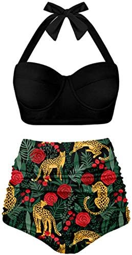 Fancyskin Floral Push Up Bikini Halter 2 Piece Underwire Swimsuits for Women Black XXL
