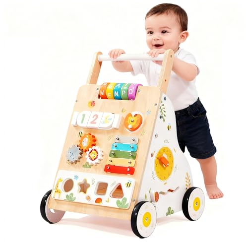 Image of Wooden Baby Walker with Wheels,Adjustable Speed Baby Push Walker for Boys and Girls,Montessori Activity Center Walking Toys for 1 Year Old Learning to Walk,First Birthday Gift