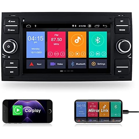 Double Din Car Radio with Carplay for Ford C-Max/Connect/Fiesta/Android 10 OS Focus Remote Control Support Mirror-link Bluetooth WiFi 4G EQ DVR SWC RDS (Black) Cover