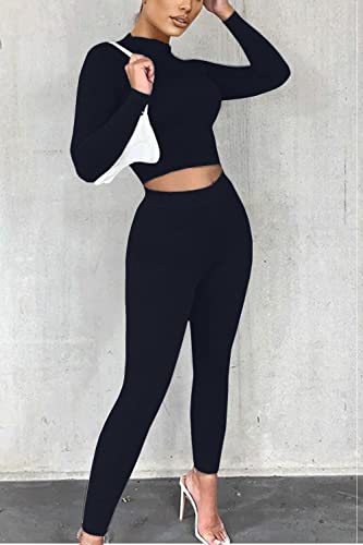 Mulisky Women’s Casual 2 Piece Outfits Sexy Bodycon Long Sleeve Crop Top With Long Pants Tracksuit Set Jumpsuits Black L #TOP4