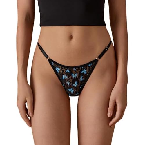 SHARICCA Lace G-String Thongs for Women Adjustable Sexy Low Rise Underwear Breathable T-back Thongs Panties 3 Pack Small Blue Floral Butterflies