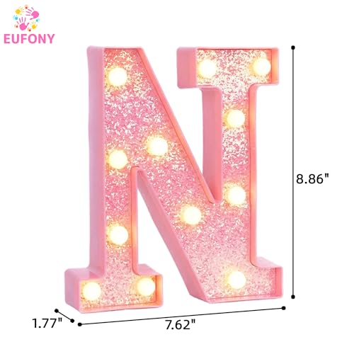Image of Pink Marquee Light Up Letters, Glitter Alphabet LED Letter Lights for Pink Birthday Party Decorations, Battery Operated Letter Sign for Girls Room Vanity Table Decor, Warm White Lights Letter N