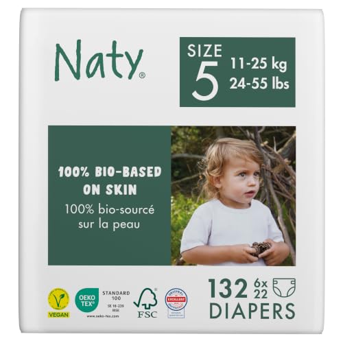 Eco by Naty Premium Bio-Windeln für empfindliche Haut, Größe 5, 11-25 kg, 6 Packungen à 22 Stück (132 Stück insgesamt), weiß