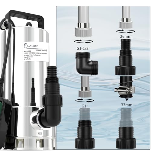 LANCHEZ 1100W Schmutzwassertauchpumpe, 20.000 l/h, max Förderhöhe 8 m, max Eintauchtiefe 7 m, mit automatischem Schwimmerschalter, 10 m Netzkabel für Poolentleerung, Keller, Garten