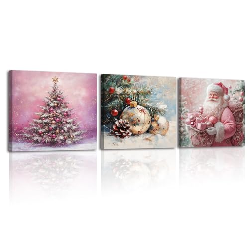Piy Painting Set De 3 Navidad Cuadros Decoracion Salon Modernos, Santa Claus Cuadro En Lienzo, Imagen Impresión Pintura, Cuadros Decorativos Con Marco Dormitorios Comedor Pasillo 30x30cm