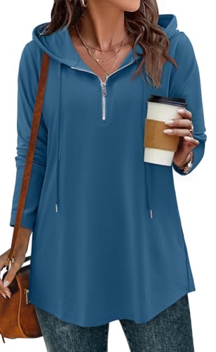 BETTE BOUTIK Womens Quarter Zip Tunic Hoodies Pullover Long Hooded Sweatshirts S-3XL