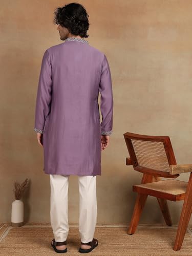 Image of Amazon Brand - Tavasya Men Printed Kurta with Ethnic Motif Border | Special Haldi Kurta | Festive Embellished Long Kurta | Embroidery Kurta | Ethnic Wear | Mandarin Collar | Knee Length