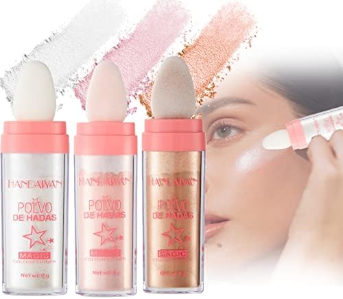3PCS Polvo De Hadas - Body Glitter Highlighter Powder Fairy Stick for Makeup Shimmer and Shine High Gloss Blush Contour Powder Makeup - 3 Colors Sparkle Patting Powder for Hair Face Eyes Body