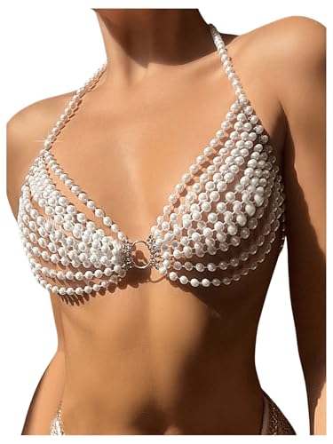 WDIRARA Women's Pearl Beaded Halter Bikini Top Sleeveless Backless Beach Cover Up Tops