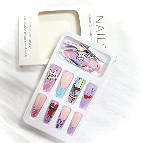 Long Press On Nails Coffin Fake Nails With Multicolour Graffiti Design Premium Artificial Nail Set Acrylic Glue On False Nail Stick On Nails For Women Gifts Reusable Full Cover Gel Nails-24Pcs #TOP2