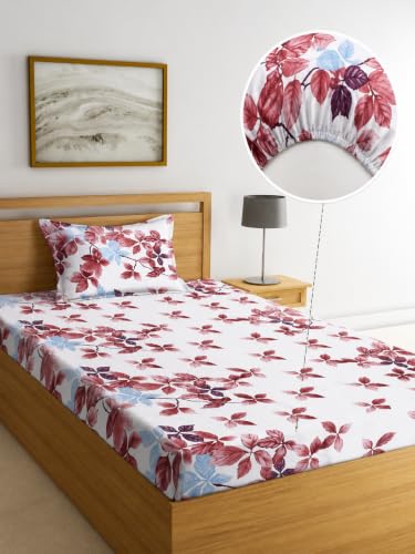 Image of la' amour Single Size Fitted Bedsheet with 1 Pillow Cover, Soft Breathable Elastic Bed Sheet for Single Bed, Premium Printed Bedsheet with All Around Elastic - 36 x 72 + 6 Inches, Wine Autumn Leaf
