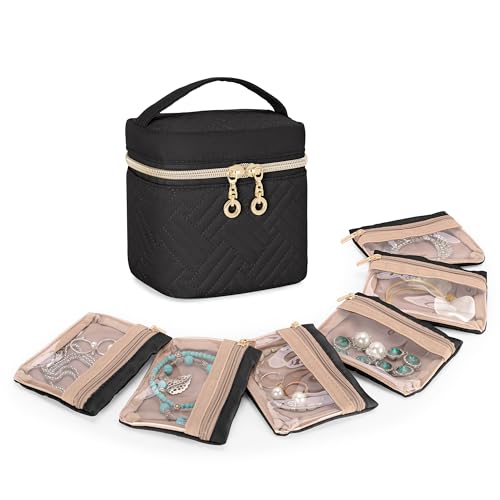 Teamoy Mini Jewelry Organizer with 6 Small Jewelry Bags, Travel Jewelry Storage Box for Necklaces, Rings, Earrings, Bracelets, Quilted Black