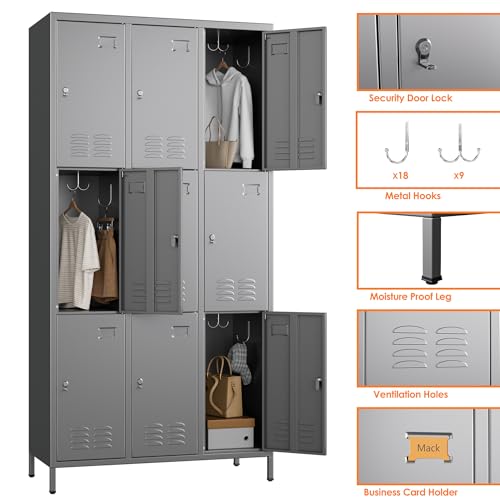 Image of SUPEER 9 Door Metal Storage Lockers for Employees,Heavy Duty Steel School Locker with Adjustable Shelves and 27 Hooks,Metal Lockers for Gym,Home,Garage,72 inch H x 35.4 inch W,Dark Grey,Assembly Required