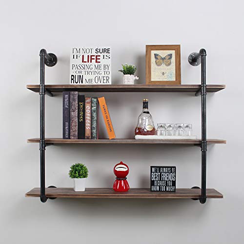 TOKIKA Industrial Floating Shelves with Wooden Shelves,3 Tiers Rustic Wall Mounted Shelf Bookcase,Iron Pipe Hung Bracket Bookshelf,DIY Storage Shelving Floating Shelves(44 inch)