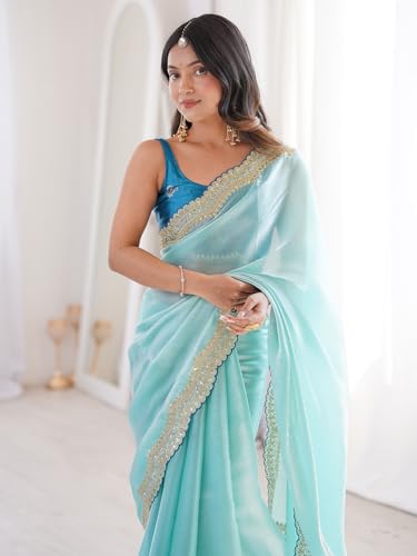 Image of AKHILAM Women's Shimmer Satin Sequence Embroidery Work Border Saree With Unstitched Blouse Piece