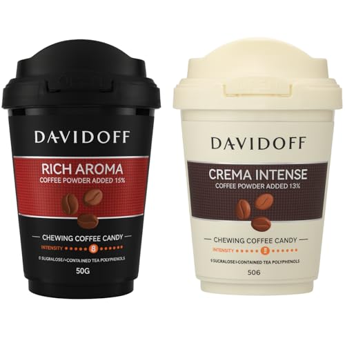 Image of Davidoff Chewing Coffee Chewy Candy Combo Pack By Cougar - Rich Aroma (15% Coffee Powder) & Crema Intense (13% Coffee Powder) - Long-Lasting Premium Coffee Taste Chewy Candy, Intensity 8 & 5, 50g x 2 Cups (Imported-GER)