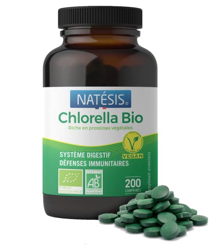 NATESIS - Chlorella BIO et Vegan - 200 Comprimés - 100% Chlorelle Pure Sans Additifs - Riche en Vitamines B12, Protéines et Fer - Energie + Antioxydant + Superfood - Digestion Cover