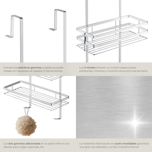 tectake® Organizador Ducha Acero Inoxidable con Ganchos, Estanteria Pared Baño, Cesta Ducha Colgar, Accesorios Baño, Estanteria Cocina - 30 x 21 x 80 cm Plateado - imagen 5