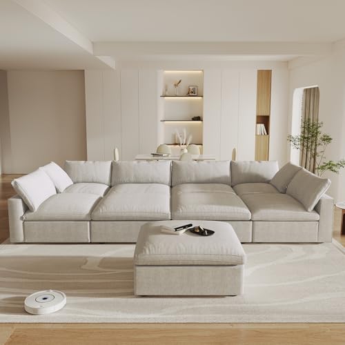 Image of Cloud Couch Modular Sectional Sofa,196inch U-Shaped Sectional Sofa with Storage Ottomans,Oversized Down Filled Convertible 9 Seater Linen Living Room Sets, Covers Washable&Replaceable,Khaki