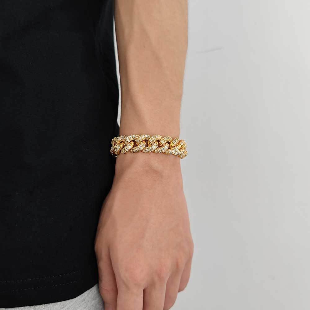 14K Gold 15mm Men's Bracelet with Triple Row T-Shaped Moissanite Cuban Link, Bold Hip-Hop Bling for Style-Savvy Men