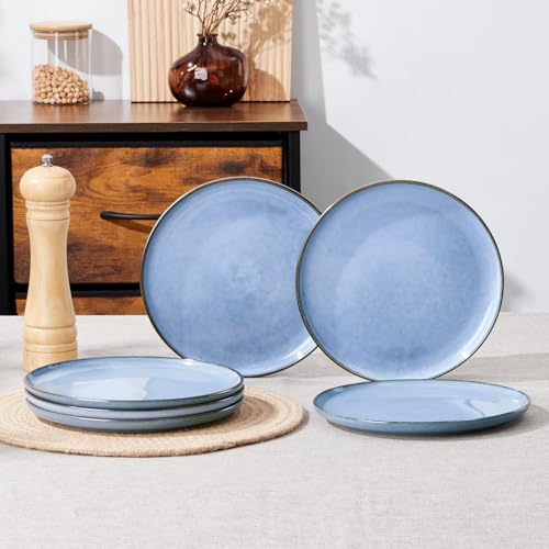 Image of E-far 8 inch Ceramic Salad Plates Set of 6, Reactive Glaze Stoneware Dishes, Round Dessert Plate for Home Kitchen Restaurant, Microwave & Dishwasher Safe - Ocean Blue