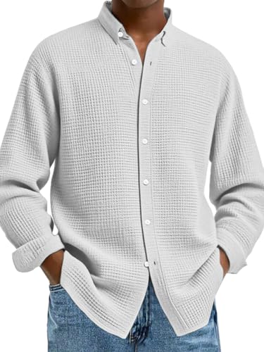 Mokaloha Mens Long Sleeve Shirts Waffle, Men's Casual Solid Color Waffle Button Long Sleeve Shirt3
