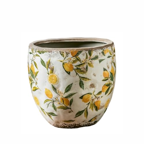 Act Iron Plant Pots Spring Lemons Pattern Planter Succulent Pots 4" D - 7.3" D Large Planter Pots with Drainage Hole, Decorative Garden Pots Round Ceramic Pots Outdoor Plant Pots Spring Decor